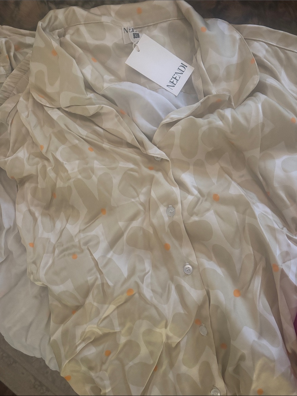 Beige & Orange Polka Dot Satin Pajama Set